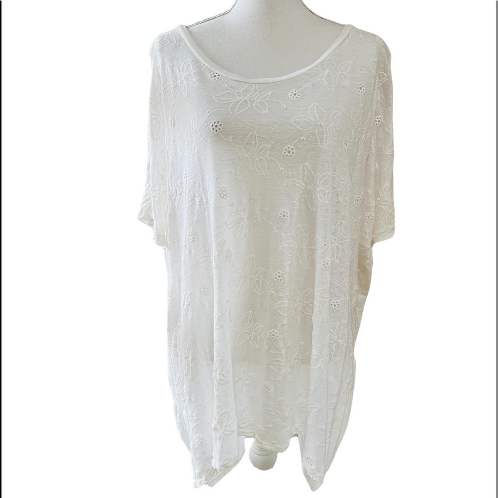 PETE + GRETA JOHNNY WAS WOMENS WHITE EYELET LINEN TOP SIZE MEDIUM